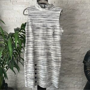 Sharagano Tweed Grey White Lightweight Sleeveless Mock Neck Chic Dress Size 14